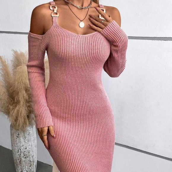 MODA ME COUTURE Dresses & Skirts - Cold Shoulder Chain Detail Sweater Dress Dusty Pink